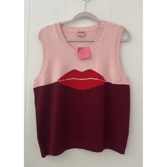 kate spade Sweaters - Kate Spade New York Lips Sweater Vest Rhubarb Jam Multi Pink Red Size XXL NWT